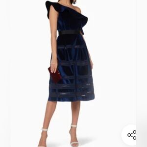 Self-Portrait Midnight Blue One-Shoulder Velvet Midi Dress.Size 6